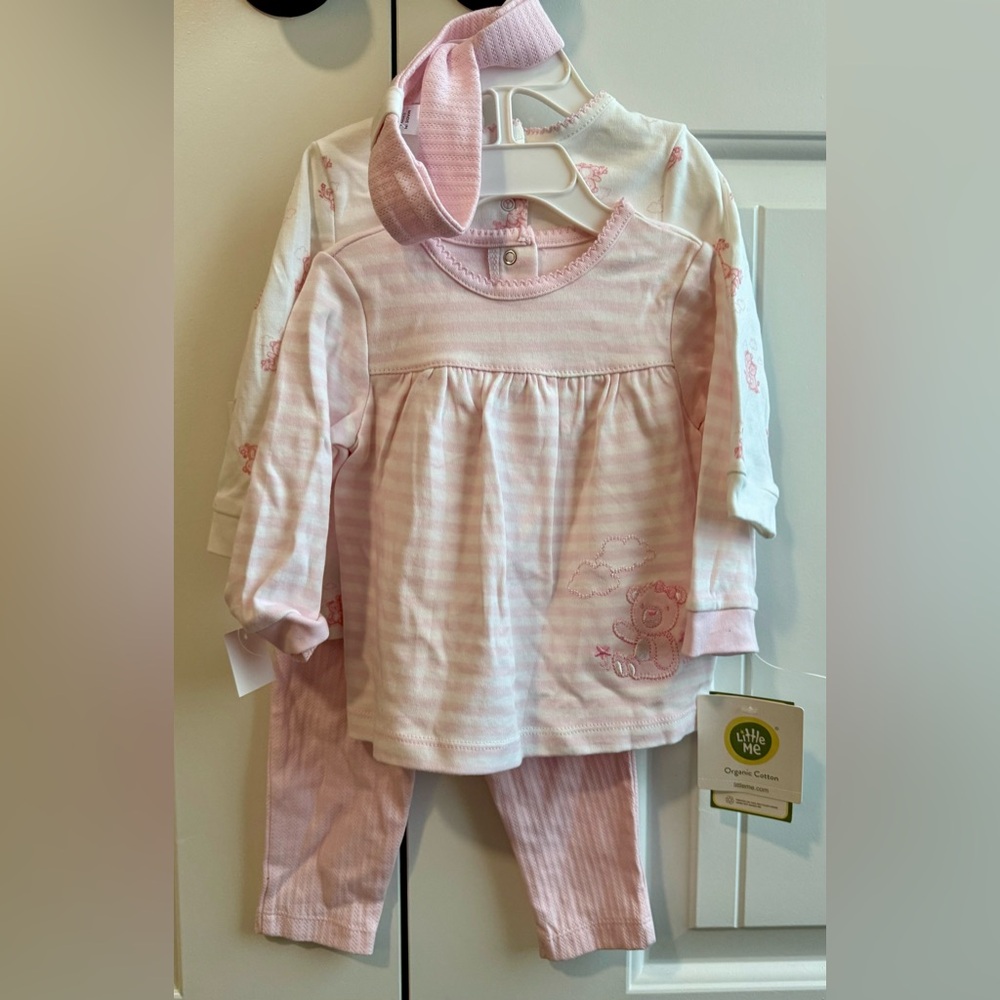 NWT-Little Me Pink and White Organic Cotton 3 Piece Playset with Headband- 12 mo